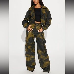 Blair Faux Leather Cargo Pant Set - Black/Green